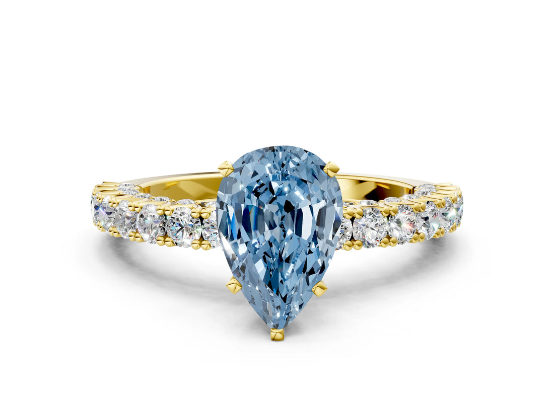 Yellow gold Fancy Blue Pear Cut Diamond Pavé Band Solitaire Ring with Prong Setting_64
