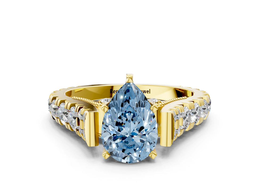 Yellow gold Fancy Blue Pear  Cut Diamond Pavé Band Solitaire with Four-Prong Setting_15