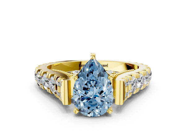 Yellow gold Fancy Blue Pear Cut Diamond Classic Solitaire Ring with Pavé Band and Four-Prong Setting