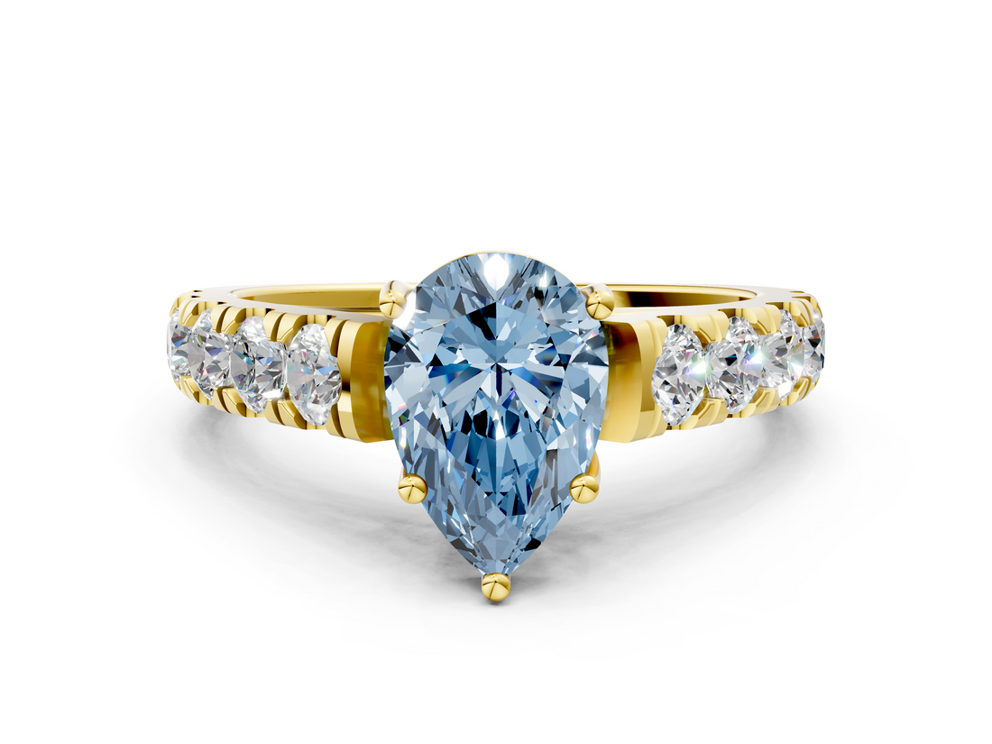 Yellow gold Fancy Blue Pear  Cut Diamond Pavé Band Solitaire with Four-Prong Setting_3