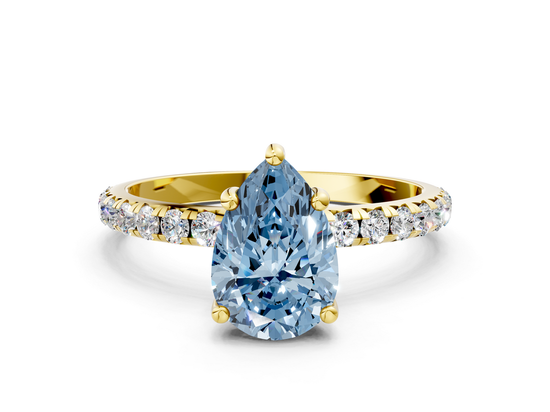 Yellow gold Fancy Blue Pear  Cut Diamond Pavé Band Solitaire with Four-Prong Setting_3
