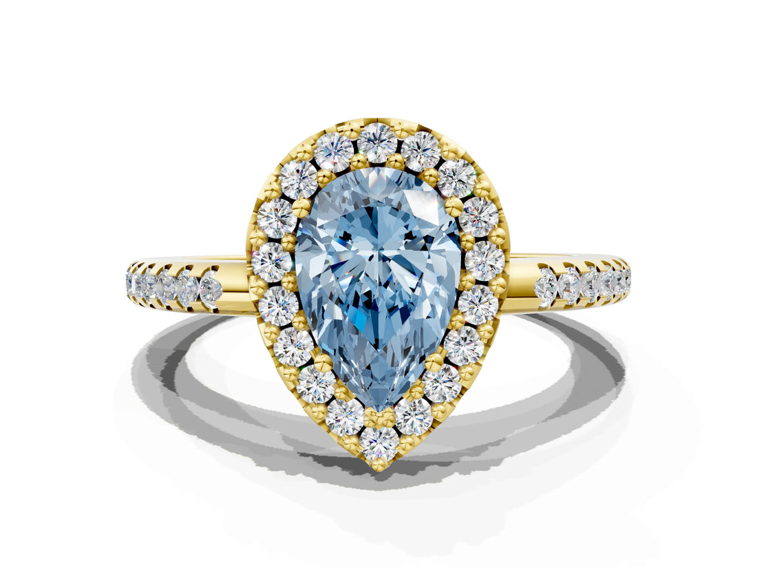Yellow gold Fancy Blue Pear Cut Diamond Pavé Halo Ring with Four-Prong Setting_36