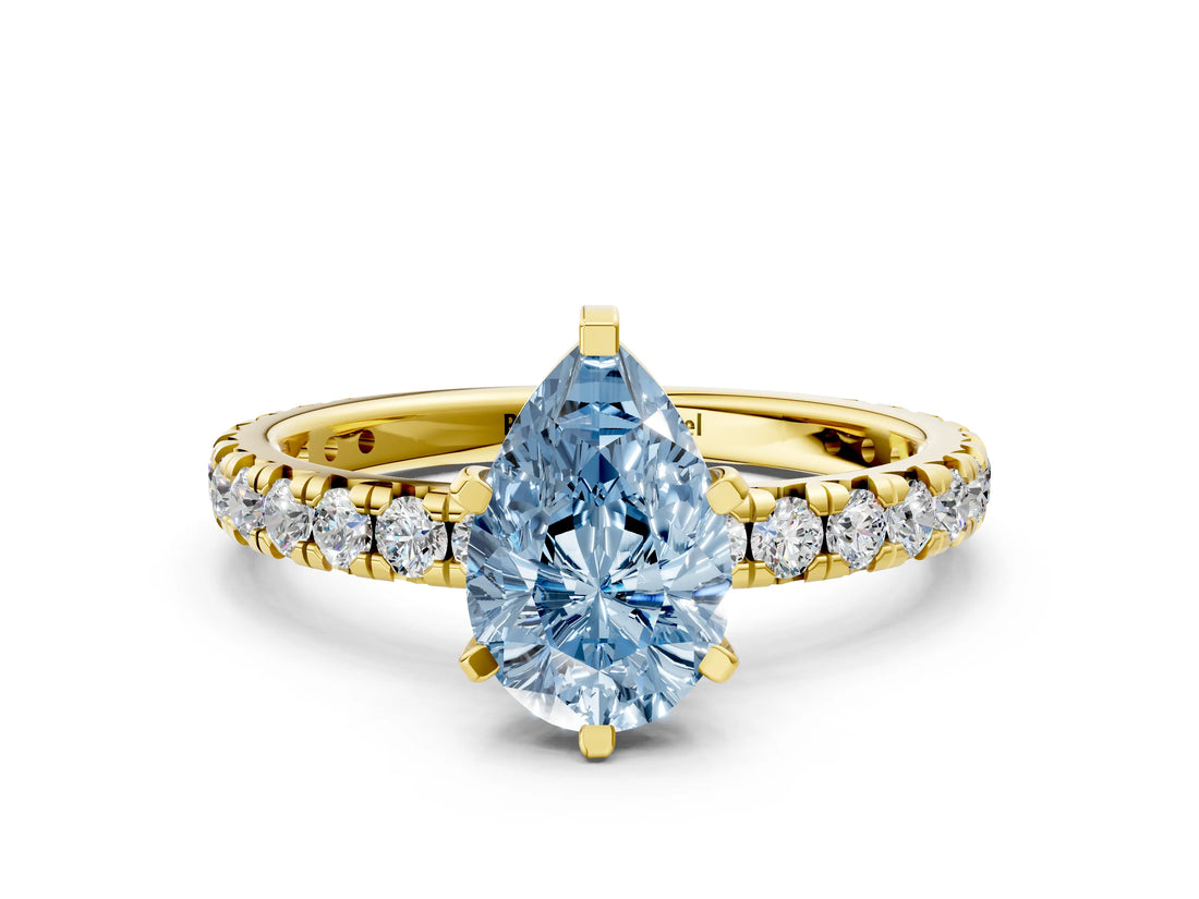 Yellow gold Fancy Blue Pear Cut Diamond Pavé Solitaire Ring with Round Band and Prong Setting_12