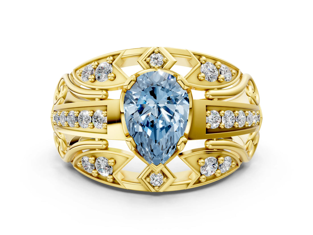 Yellow gold Fancy Blue Pear Cut Diamond Pave Art Deco Split Shank Ring with Four-Prong Setting