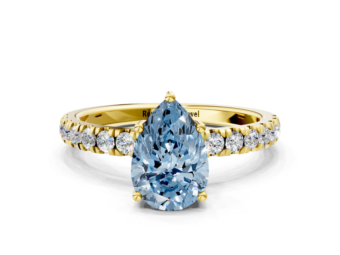 Yellow gold Fancy Blue Pear Cut Diamond Pave Band Solitaire Ring with Four-Prong Setting_58