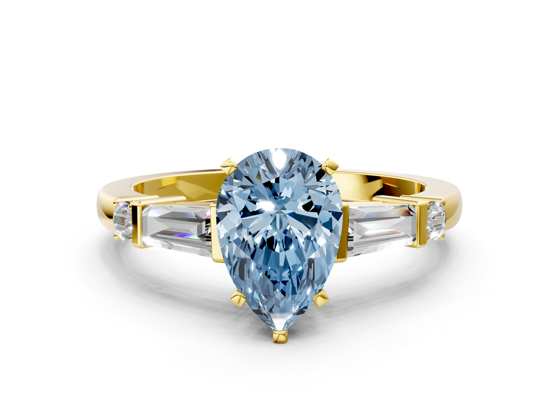 Yellow gold Fancy Blue Pear  Cut Diamond Ring with Baguette Side Stones, Channel Set Band, and Four-Prong Setting_3
