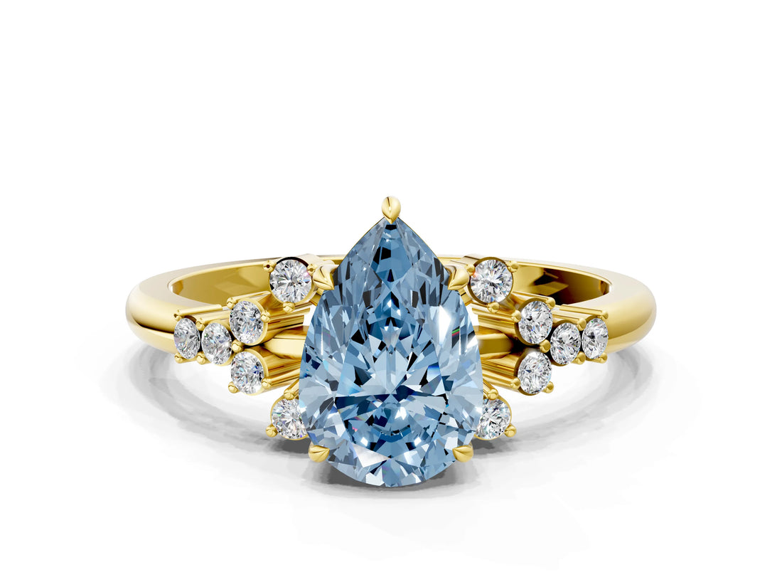 Yellow gold Fancy Blue Pear Cut Diamond Ring with Side Stones and Four-Prong Setting_119