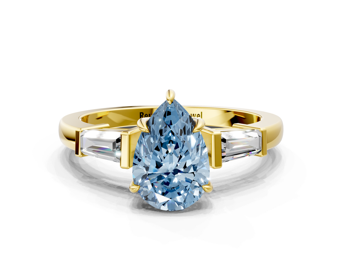 Yellow gold Fancy Blue Pear  Cut Diamond Ring with Tapered Baguette Side Stones in Four-Prong Setting_3