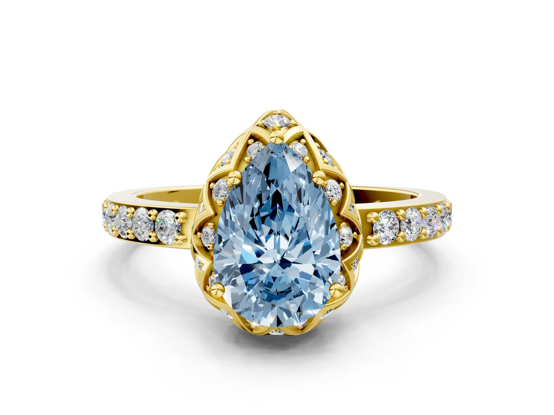 Yellow gold Fancy Blue Pear Cut Diamond Scalloped Halo Engagement Ring with Round Shared Prong Band_12