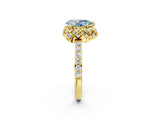 Yellow gold Fancy Blue Pear Cut Diamond Scalloped Halo Engagement Ring with Round Shared Prong Band_14