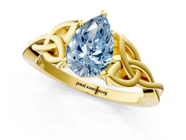 Yellow gold Fancy Blue Pear Cut Diamond Solitaire Celtic Knot Ring with Four-Prong Setting