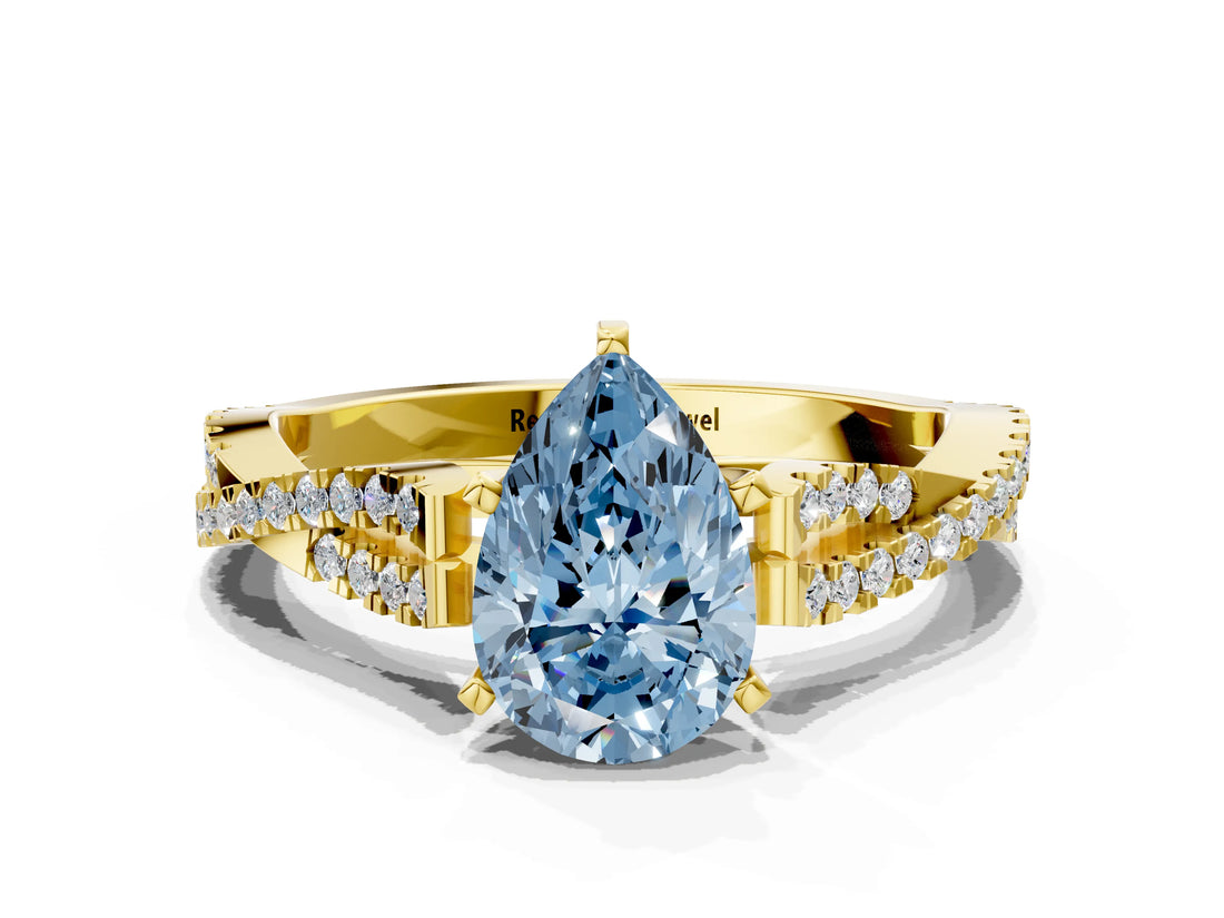 Yellow gold Fancy Blue Pear Cut Diamond Solitaire Engagement Ring with Twisted Pavé Band and Four-Prong Setting_44