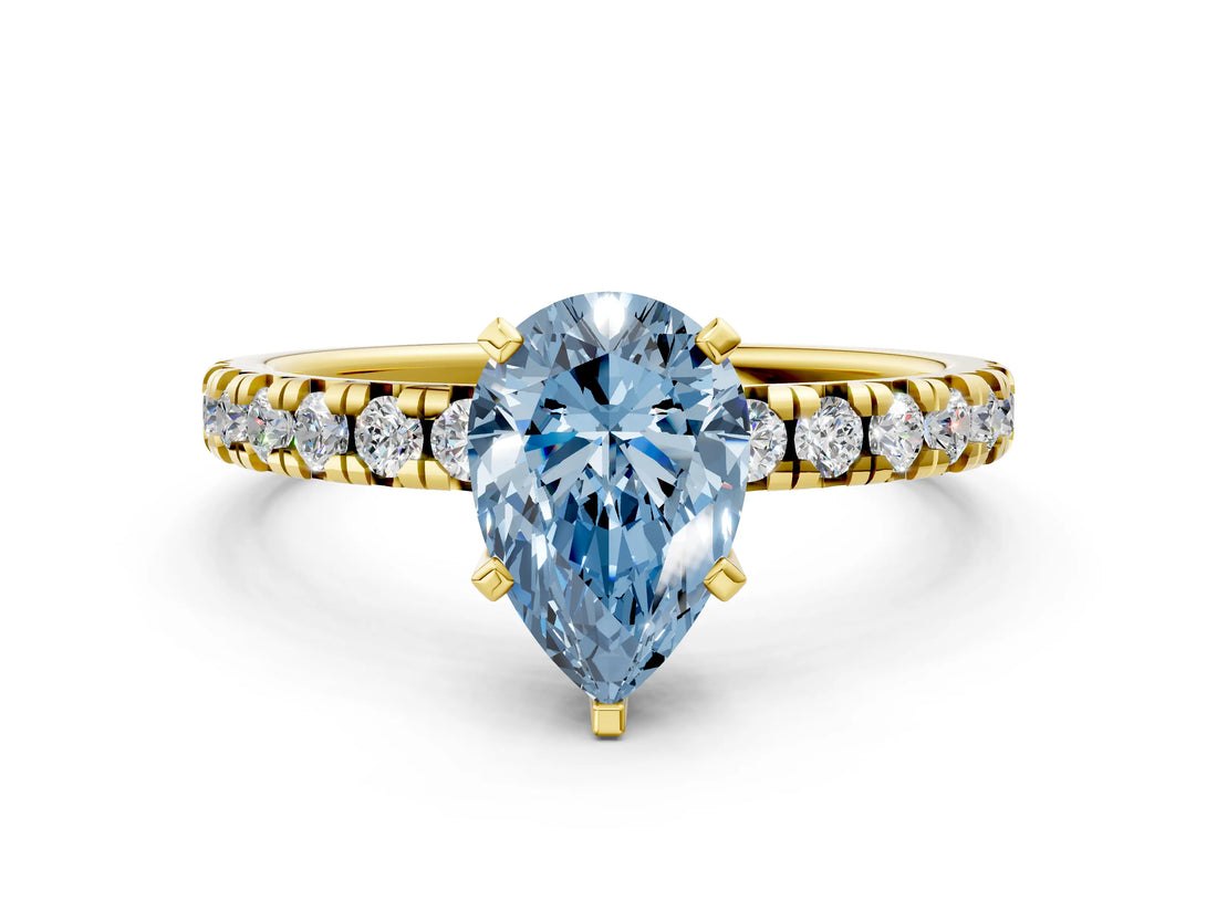 Yellow gold Fancy Blue Pear Cut Diamond Solitaire Pavé Engagement Ring with Round Band and Prong Setting_61