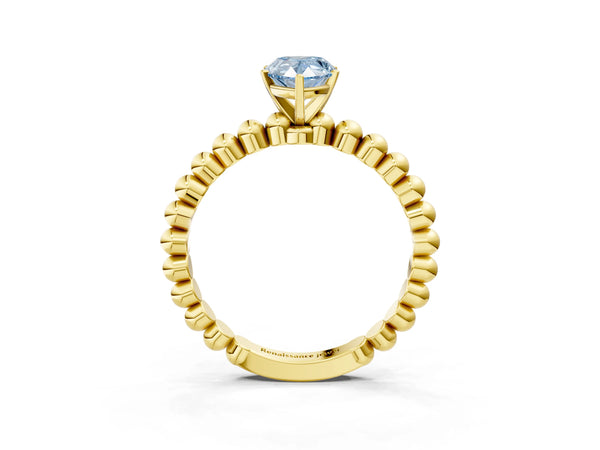 Yellow gold Fancy Blue Pear Cut Diamond Solitaire Ring with Beaded Band and Prong Setting