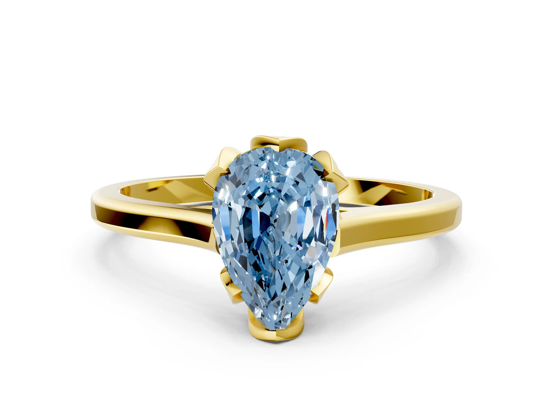 Yellow gold Fancy Blue Pear Cut Diamond Solitaire Ring with Flower Prong Setting and Classic Band_36