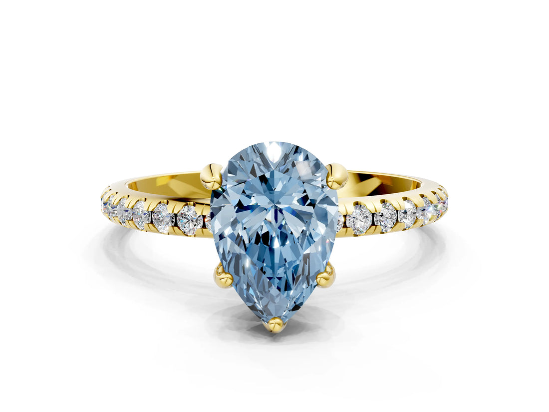 Yellow gold Fancy Blue Pear Cut Diamond Solitaire Ring with Four-Prong Setting and Pavé Band_3