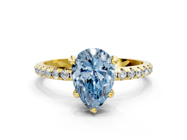 Yellow gold Fancy Blue Pear Cut Diamond Solitaire Ring with Four-Prong Setting and Pavé Band