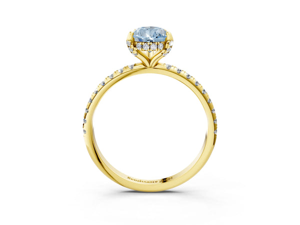 Yellow gold Fancy Blue Pear Cut Diamond Solitaire Ring with Four-Prong Setting and Pavé Band