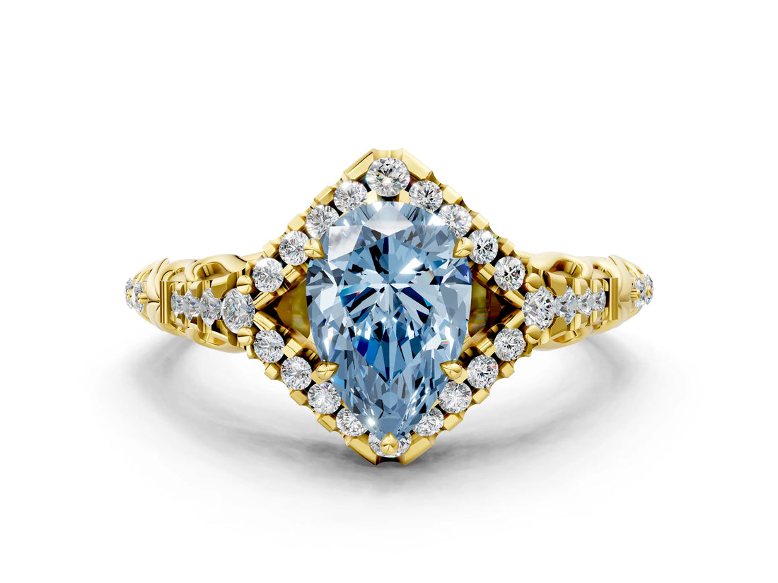 Yellow gold Fancy Blue Pear Cut Diamond Solitaire Ring with Hidden Halo and Pavé Band_27