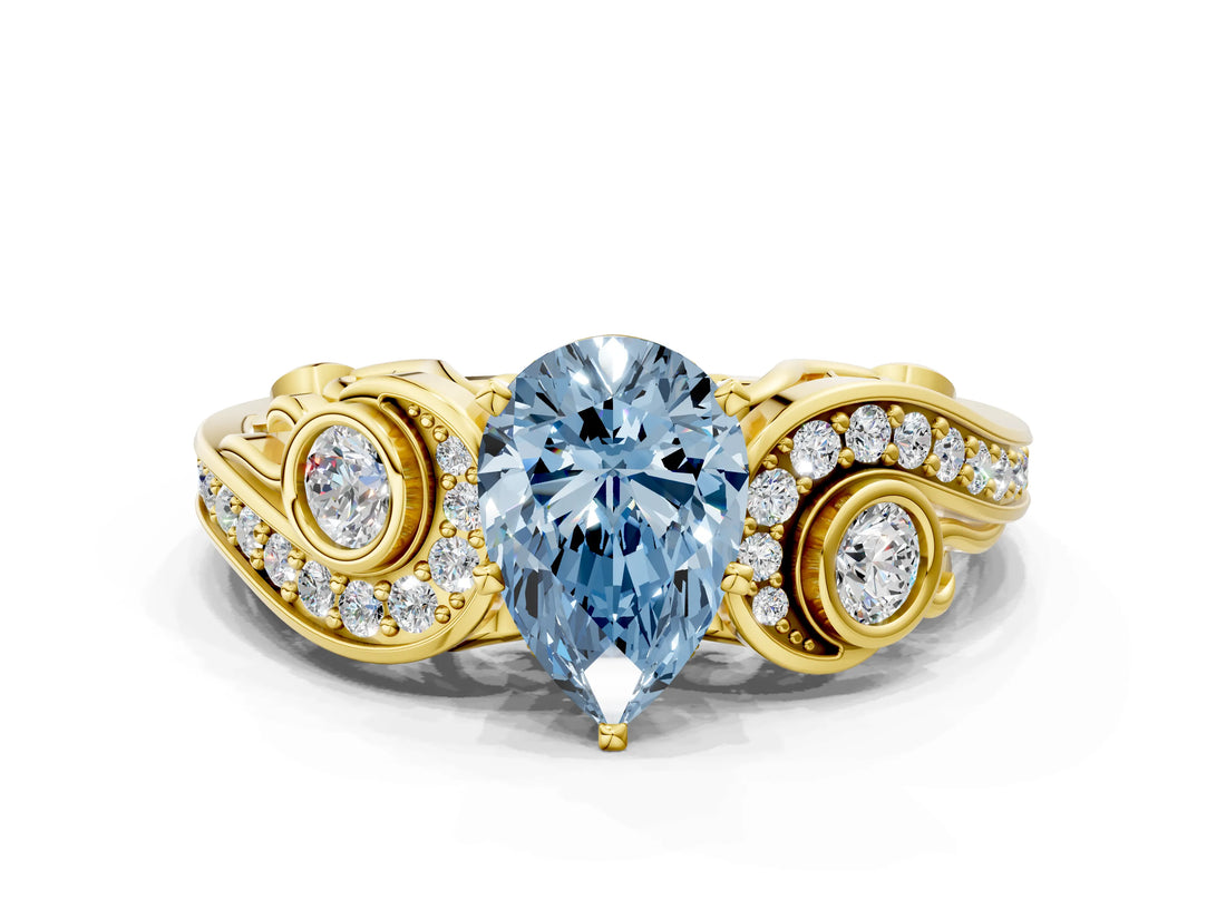 Yellow gold Fancy Blue Pear Cut Diamond Solitaire Ring with Milgrain Pavé Band and Four-Prong Setting_155