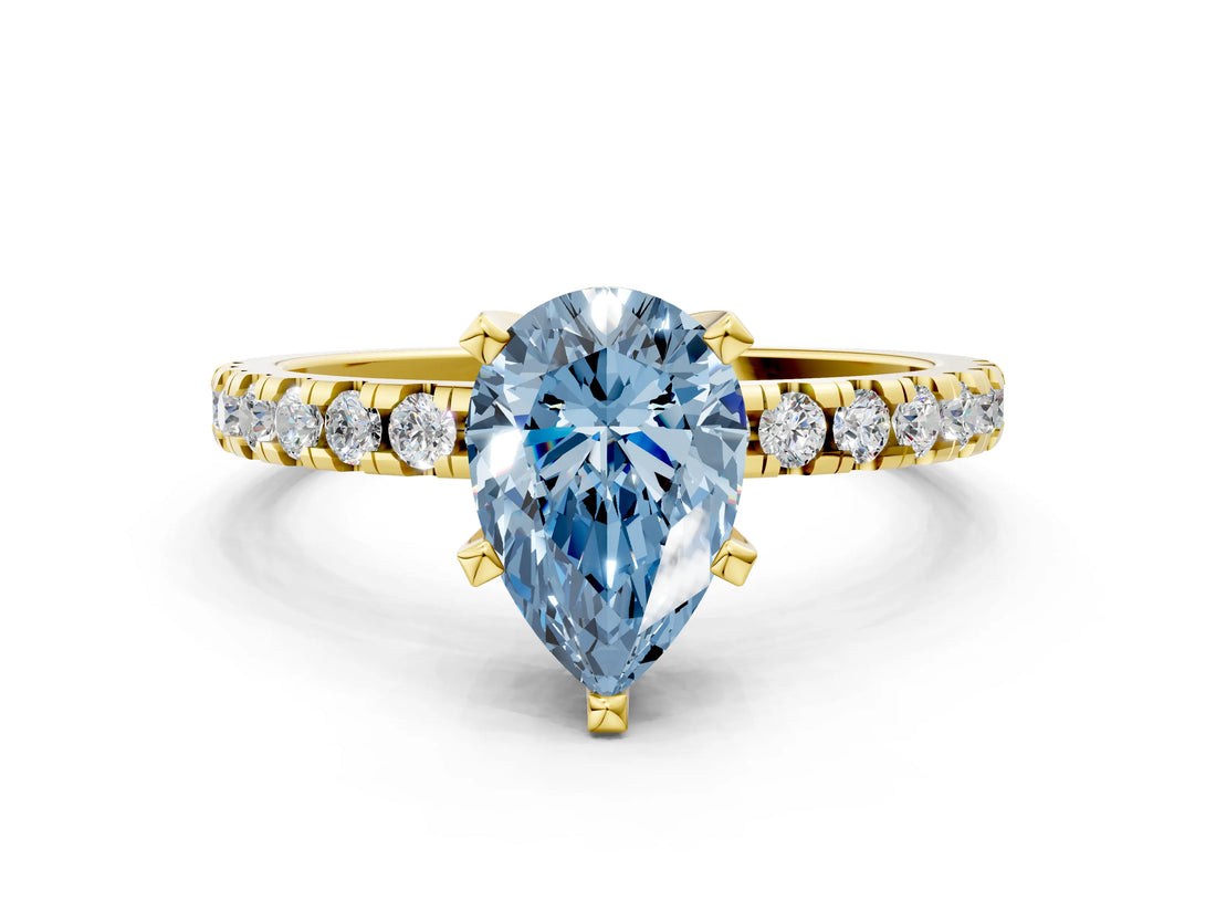 Yellow gold Fancy Blue Pear Cut Diamond Solitaire Ring with Pavé Band and Four-Prong Setting_44