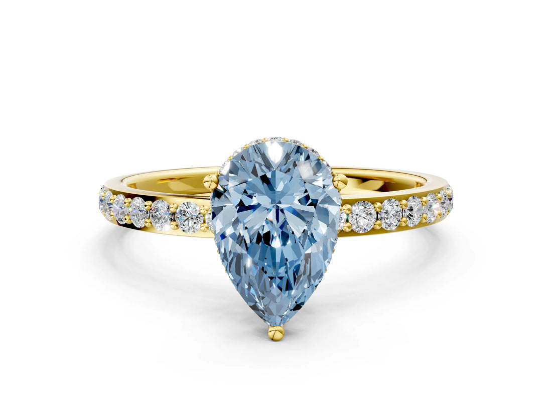 Yellow gold Fancy Blue Pear Cut Diamond Solitaire Ring with Pavé Band and Hidden Halo_25
