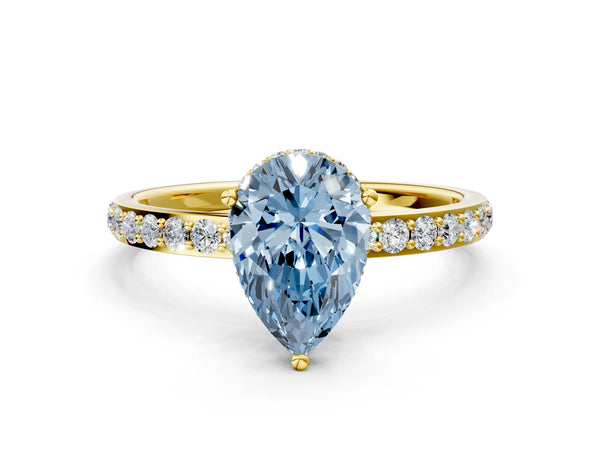 Yellow gold Fancy Blue Pear Cut Diamond Solitaire Ring with Pavé Band and Hidden Halo