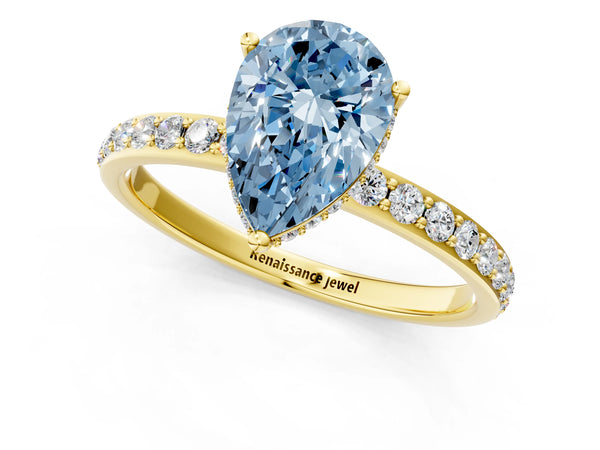 Yellow gold Fancy Blue Pear Cut Diamond Solitaire Ring with Pavé Band and Hidden Halo
