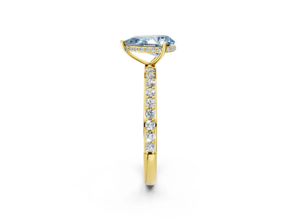Yellow gold Fancy Blue Pear Cut Diamond Solitaire Ring with Pavé Band and Hidden Halo