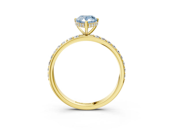 Yellow gold Fancy Blue Pear Cut Diamond Solitaire Ring with Pavé Band and Hidden Halo