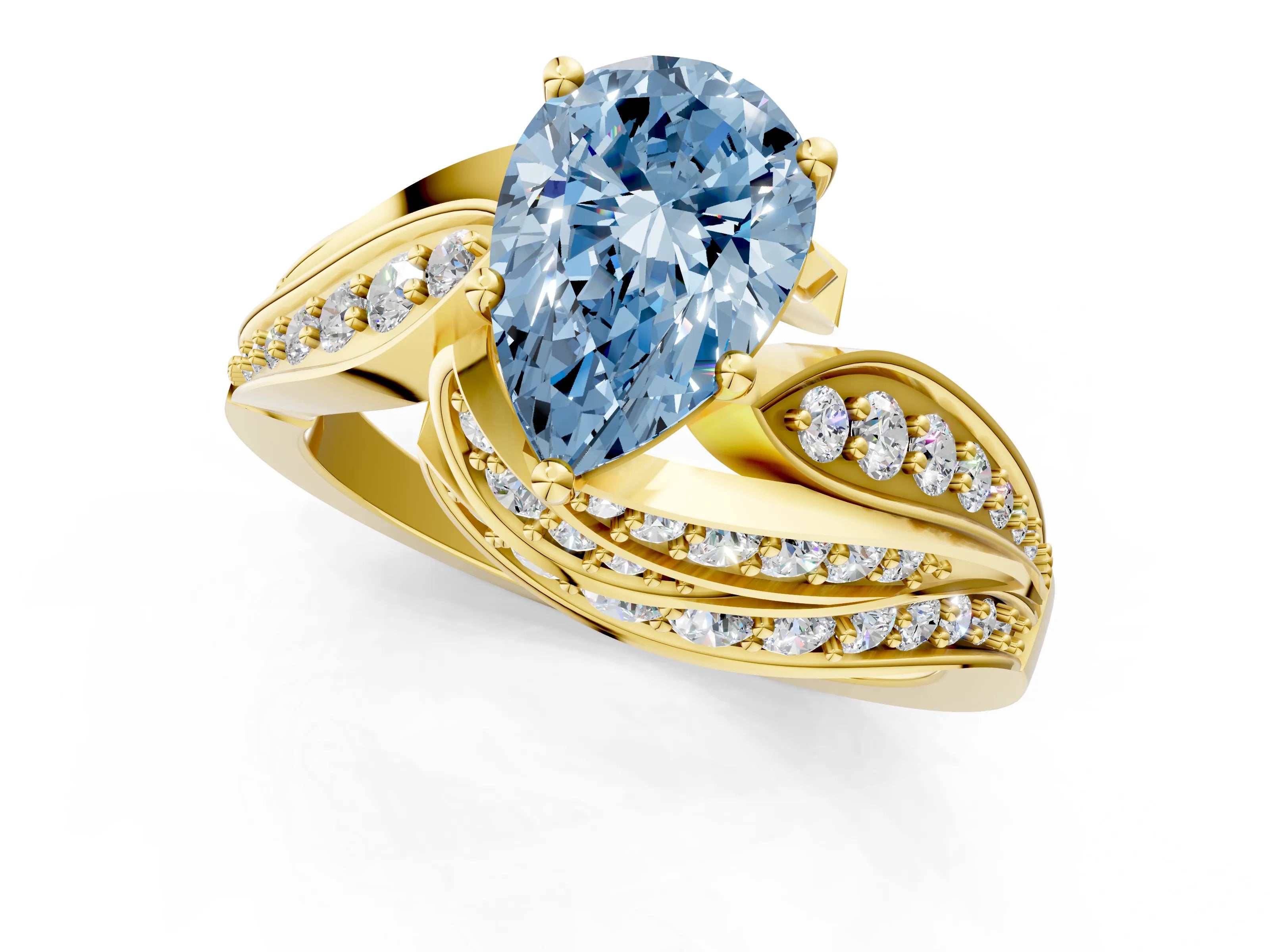 Yellow gold Fancy Blue Pear Cut Diamond Solitaire Ring with Prong Setting and Twisted Pavé Band_1