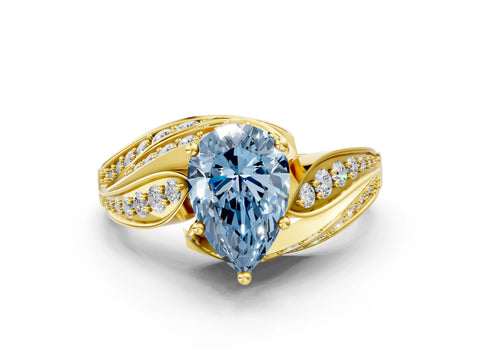 Yellow gold Fancy Blue Pear Cut Diamond Solitaire Ring with Prong Setting and Twisted Pavé Band
