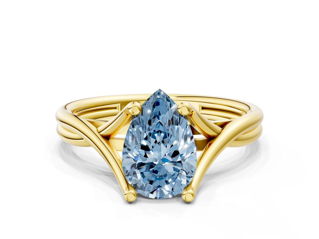 Yellow gold Fancy Blue Pear Cut Diamond Solitaire Twist Band Prong Setting Ring_55
