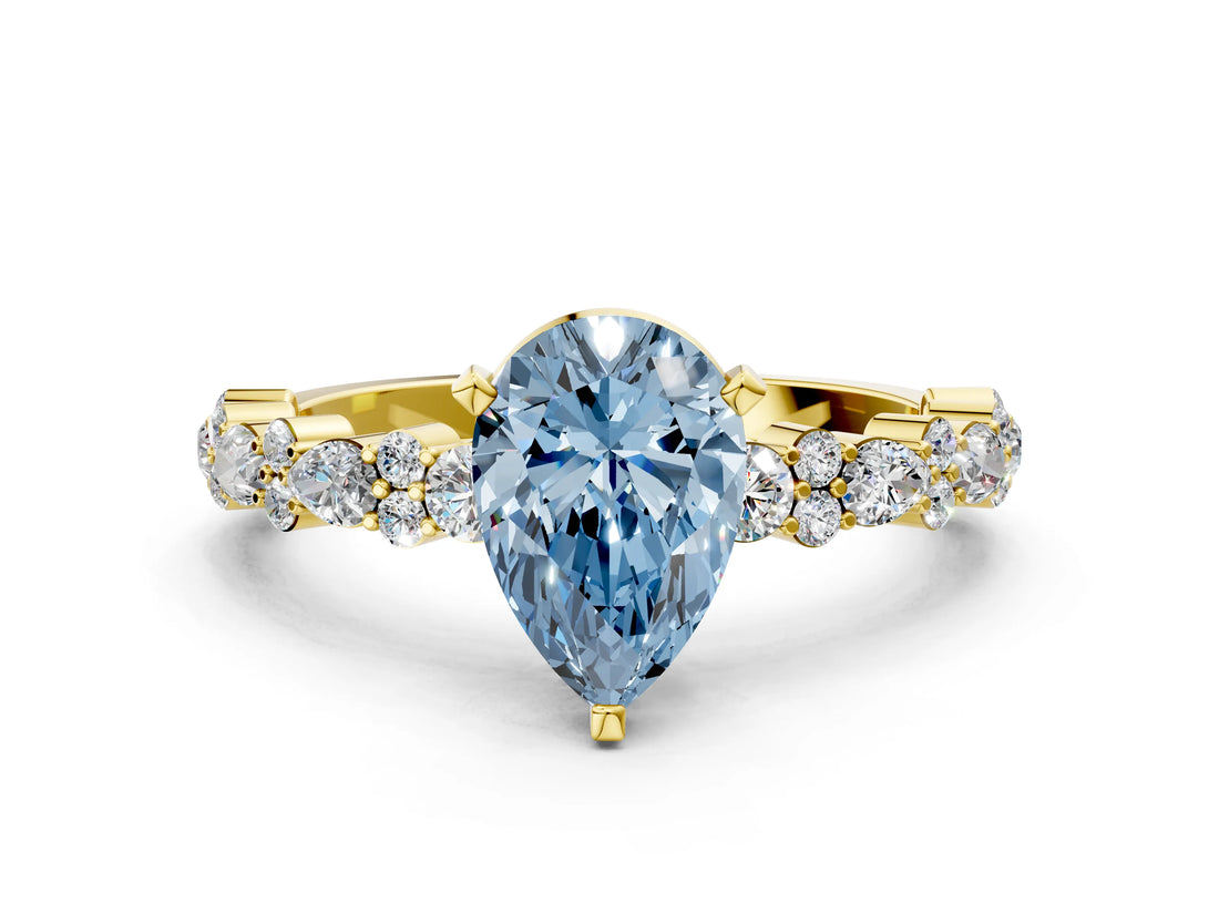 Yellow gold Fancy Blue Pear Cut Diamond Solitaire with Side Stones, Pave Band, Four-Prong Setting_97