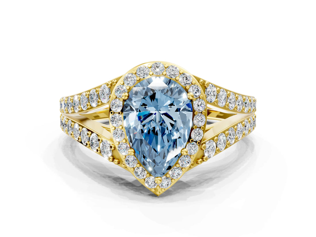 Yellow gold Fancy Blue Pear Cut Diamond Split Shank Halo Ring with Four-Prong Setting_57