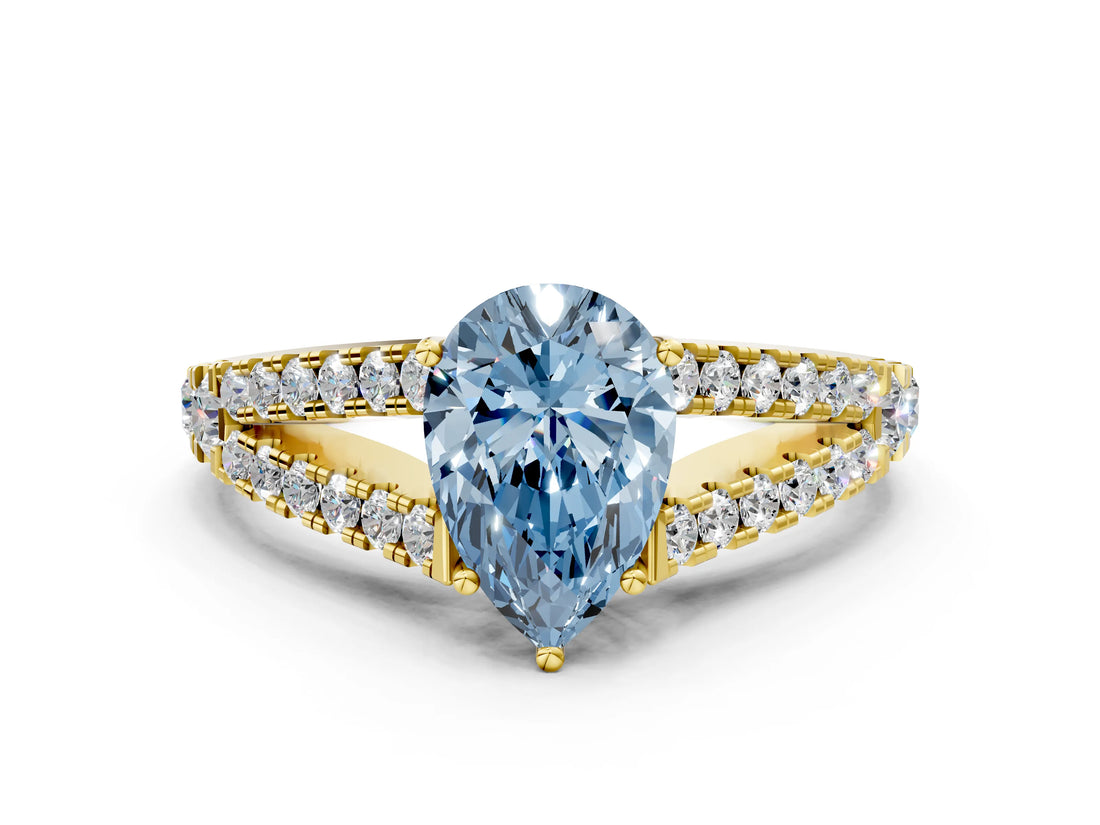 Yellow gold Fancy Blue Pear Cut Diamond Split Shank Pavé Engagement Ring with Four-Prong Setting_79