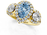 Yellow gold Fancy Blue Pear Cut Diamond Three-Stone Halo Ring with Prong Setting and Pavé Accents_1