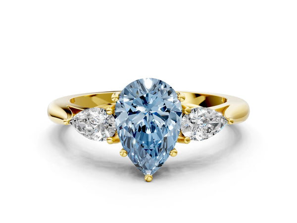 Yellow Gold Pear-Shaped Three Stone Pear Side Engagement Ring Setting for Fancy Blue Center