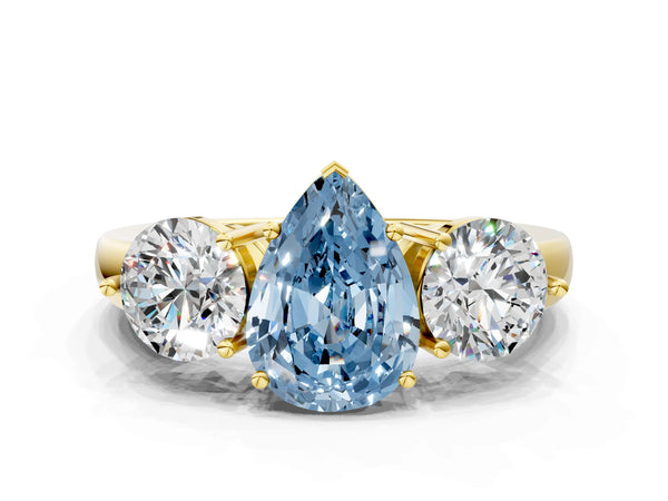Yellow gold Fancy Blue Pear Cut Diamond Three-Stone Ring with Prong Setting and Classic Band