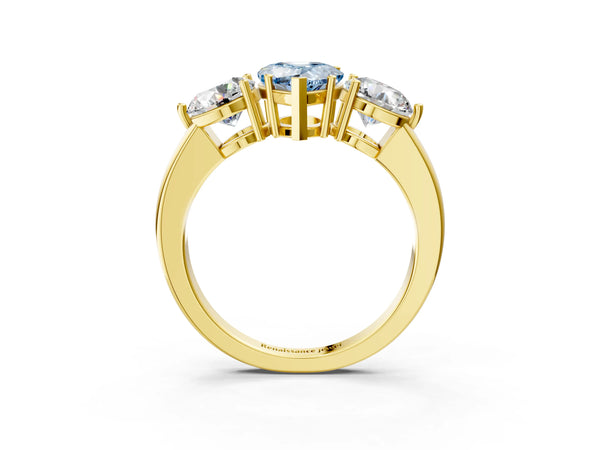 Yellow gold Fancy Blue Pear Cut Diamond Three-Stone Ring with Prong Setting and Classic Band