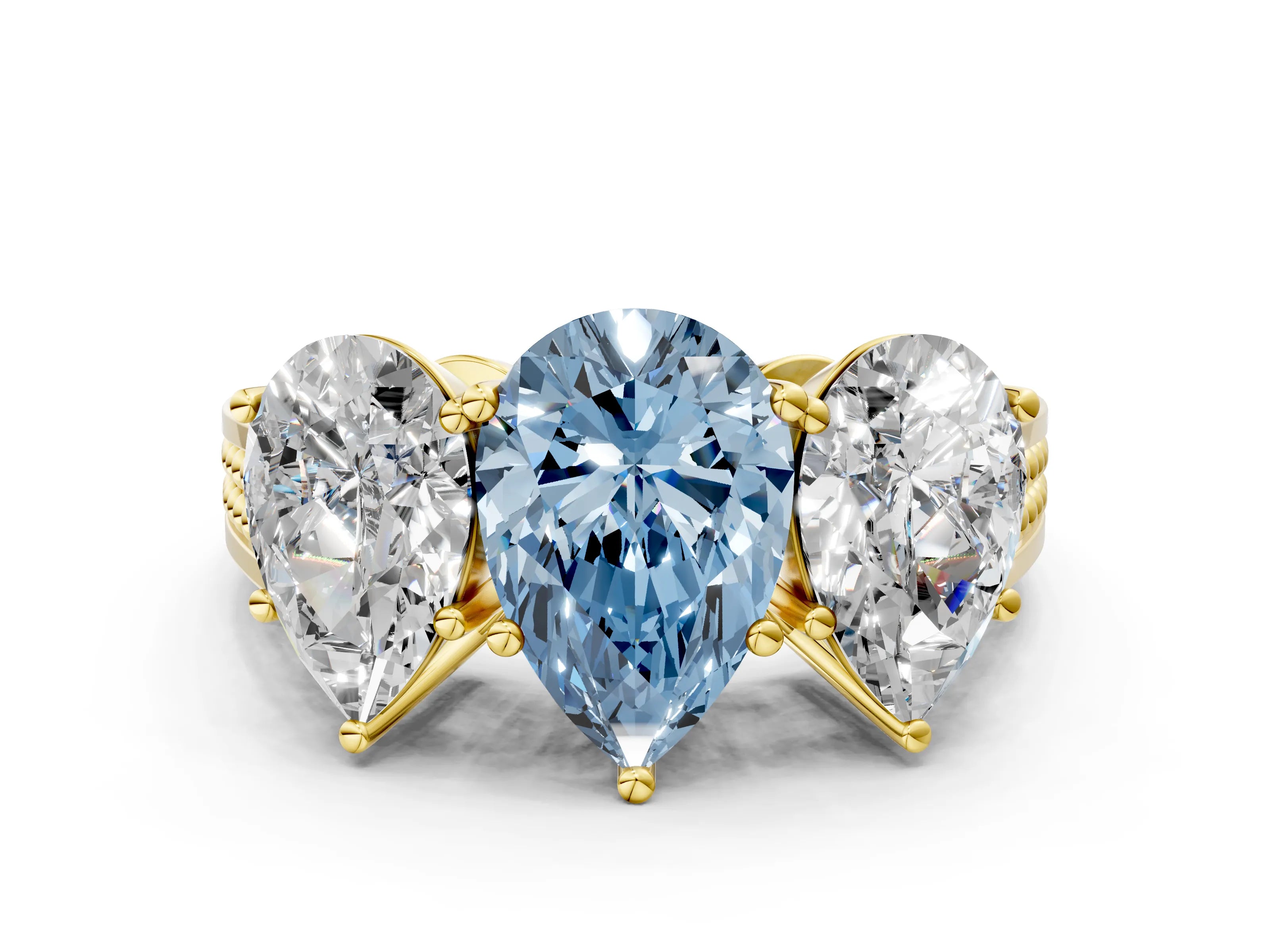Yellow gold Fancy Blue Pear Cut Diamond Three-Stone Ring with Prong Setting and Textured Band