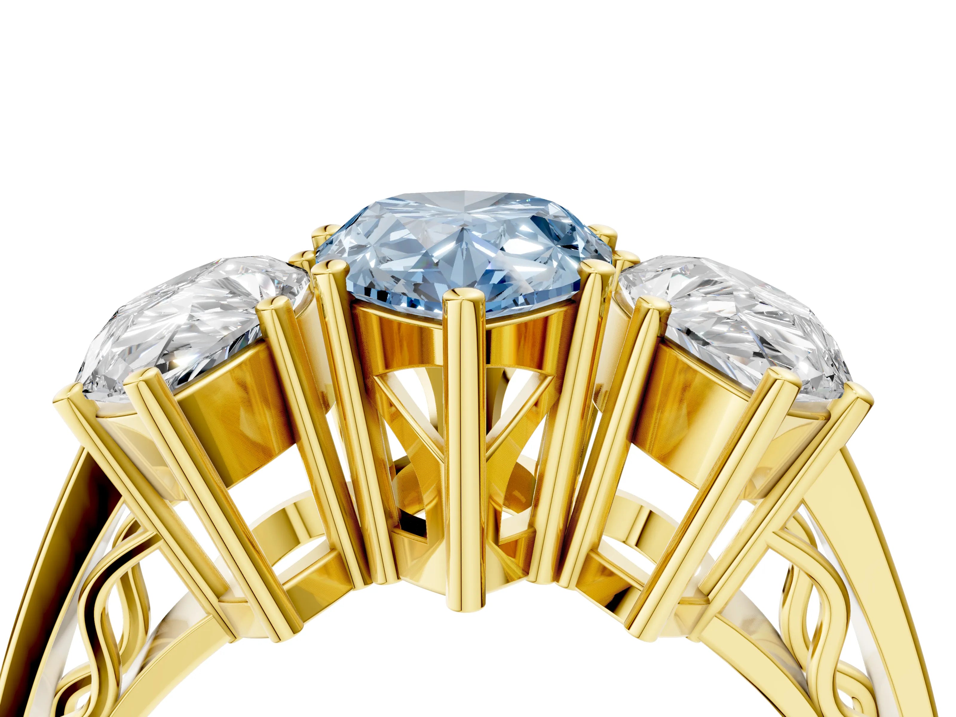 Yellow gold Fancy Blue Pear Cut Diamond Three-Stone Ring with Prong Setting and Textured Band_4