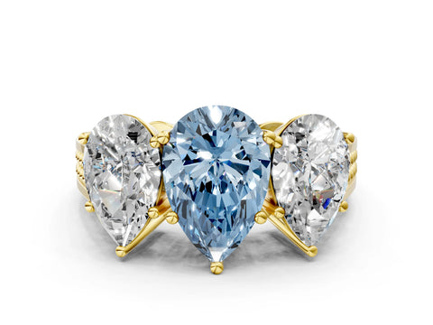 Yellow gold Fancy Blue Pear Cut Diamond Three-Stone Ring with Prong Setting and Textured Band