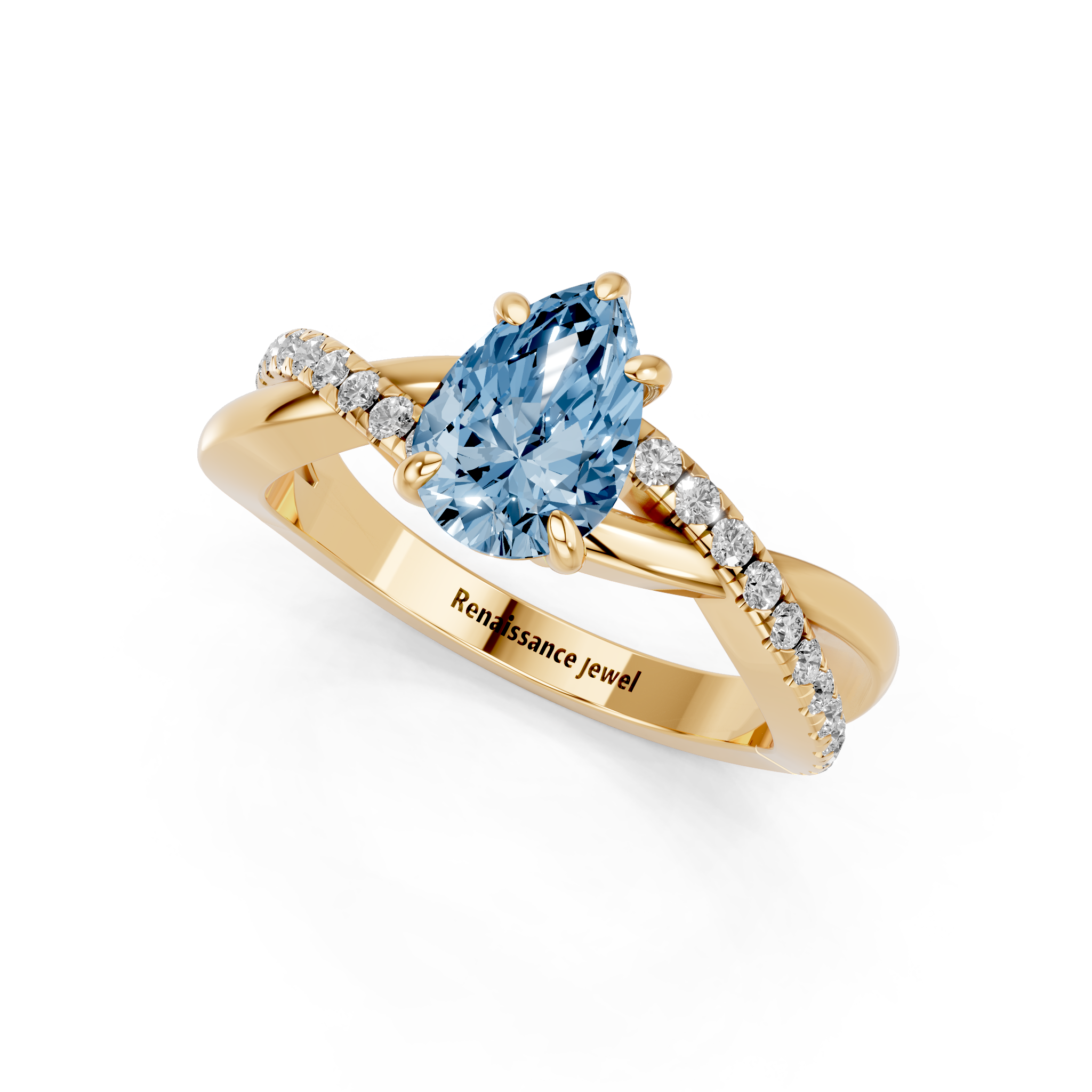 Yellow gold Fancy Blue Pear  Cut Diamond Twist Band Solitaire with Prong Setting_3