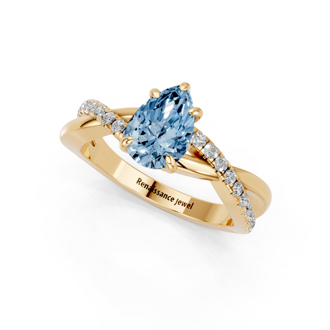 Yellow gold Fancy Blue Pear  Cut Diamond Twist Band Solitaire with Prong Setting_3