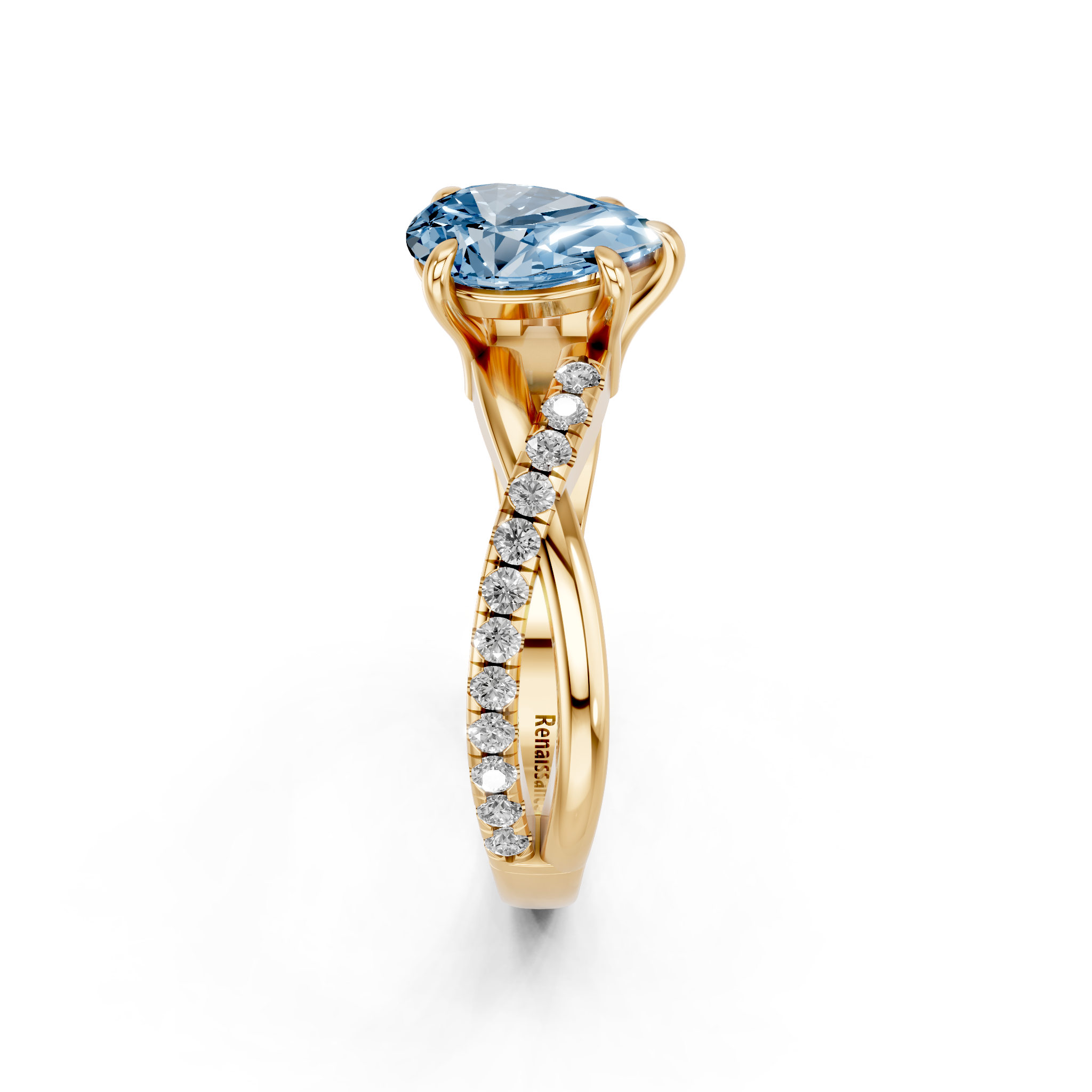 Yellow gold Fancy Blue Pear  Cut Diamond Twist Band Solitaire with Prong Setting_4