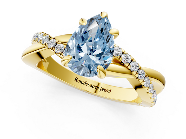 Yellow gold Fancy Blue Pear  Cut Diamond Twist Band Solitaire with Prong Setting