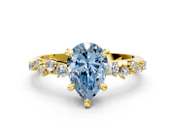 Yellow gold Fancy Blue Pear  Cut Diamond Vine Band with Four-Prong Setting