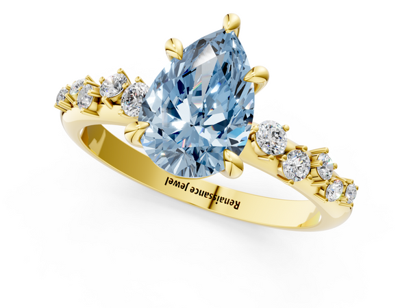 Yellow gold Fancy Blue Pear  Cut Diamond Vine Band with Four-Prong Setting