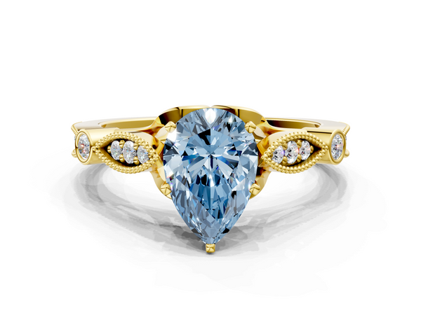 Yellow gold Fancy Blue Pear  Cut Diamond with Milgrain Marquise and Bezel Accents on a Solitaire Band with Prong Setting